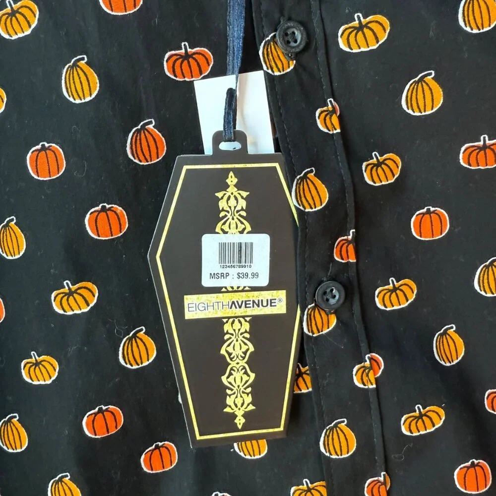 EIGHTH AVENUE Men’s Black &‎ Orange Pumpkins Button Up Shirt Size XL NWT - Picture 4 of 6